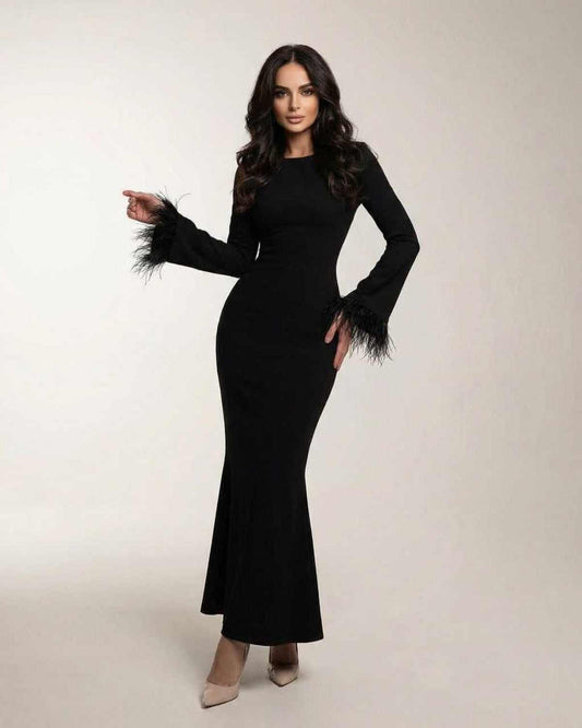 Valencia Maxi Dress by Lauven - Black long sleeve mermaid dress with feather cuff sleeves.