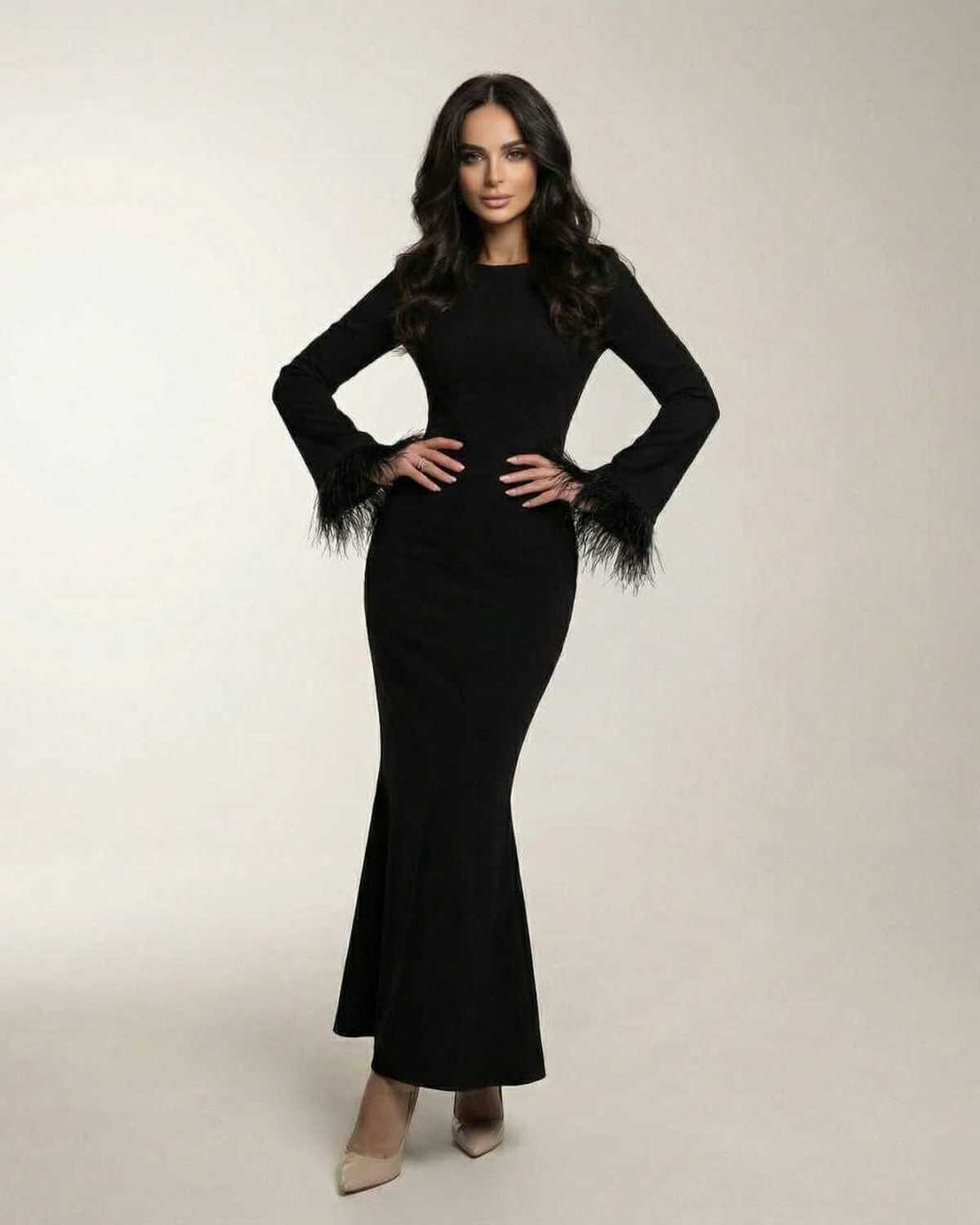 Valencia Maxi Dress by Lauven - Black long sleeve mermaid dress with feather cuff sleeves.