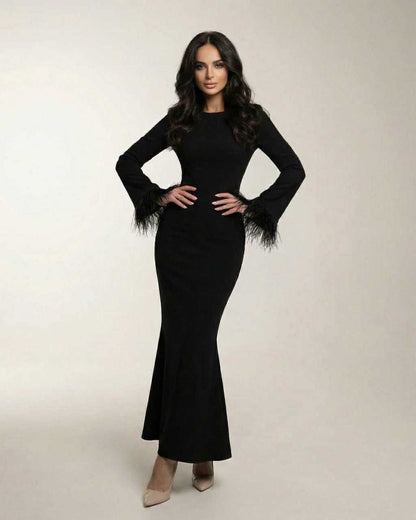 Valencia Maxi Dress by Lauven - Black long sleeve mermaid dress with feather cuff sleeves.