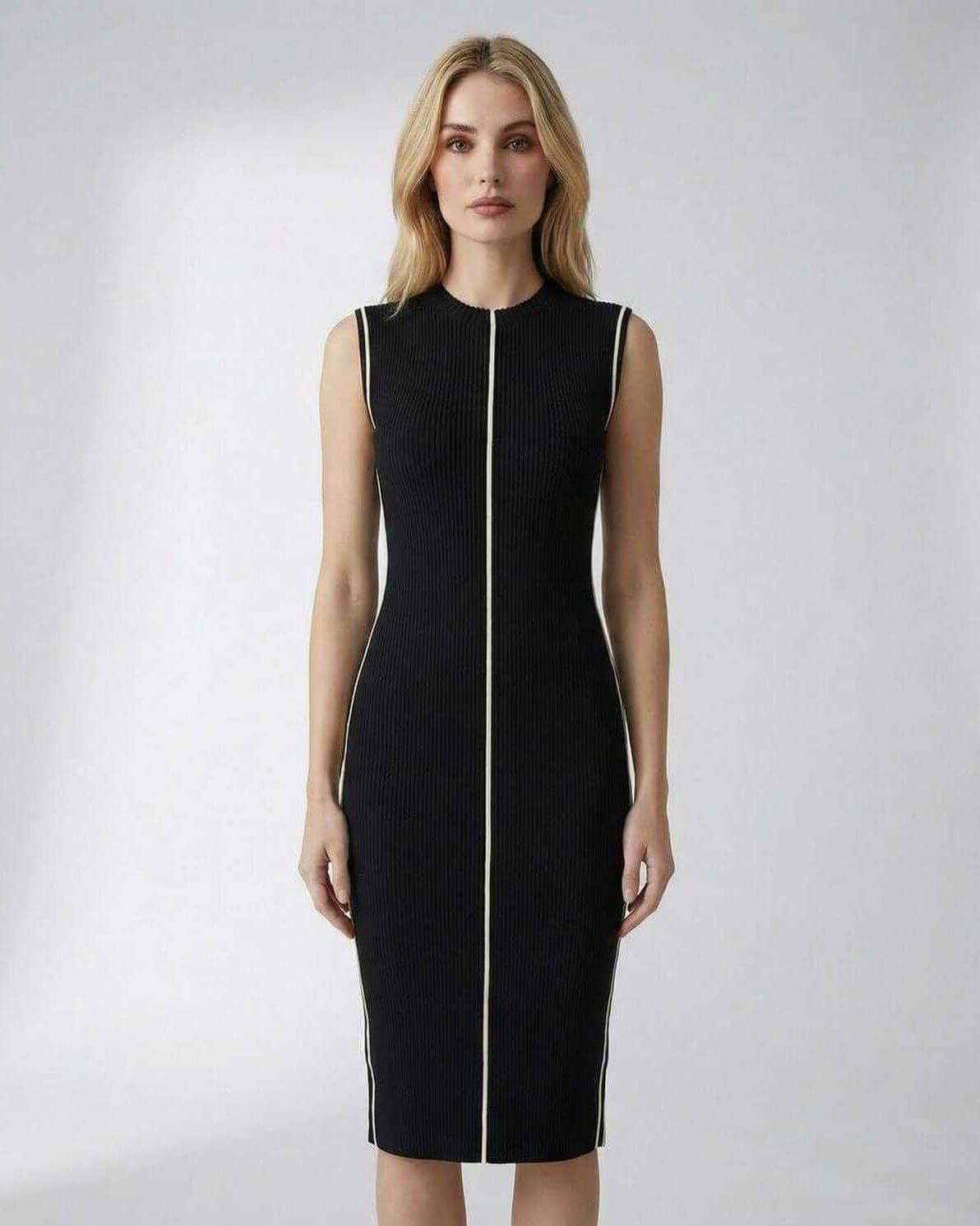 Orion Midi Dress by Lauven – Elegant sleeveless ribbed knit black dress for modern professionals.
