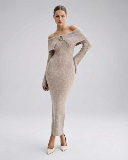 Sienna Midi Dress by Lauven, women's off shoulder knit dress showcasing a sculpting silhouette and elegant design.