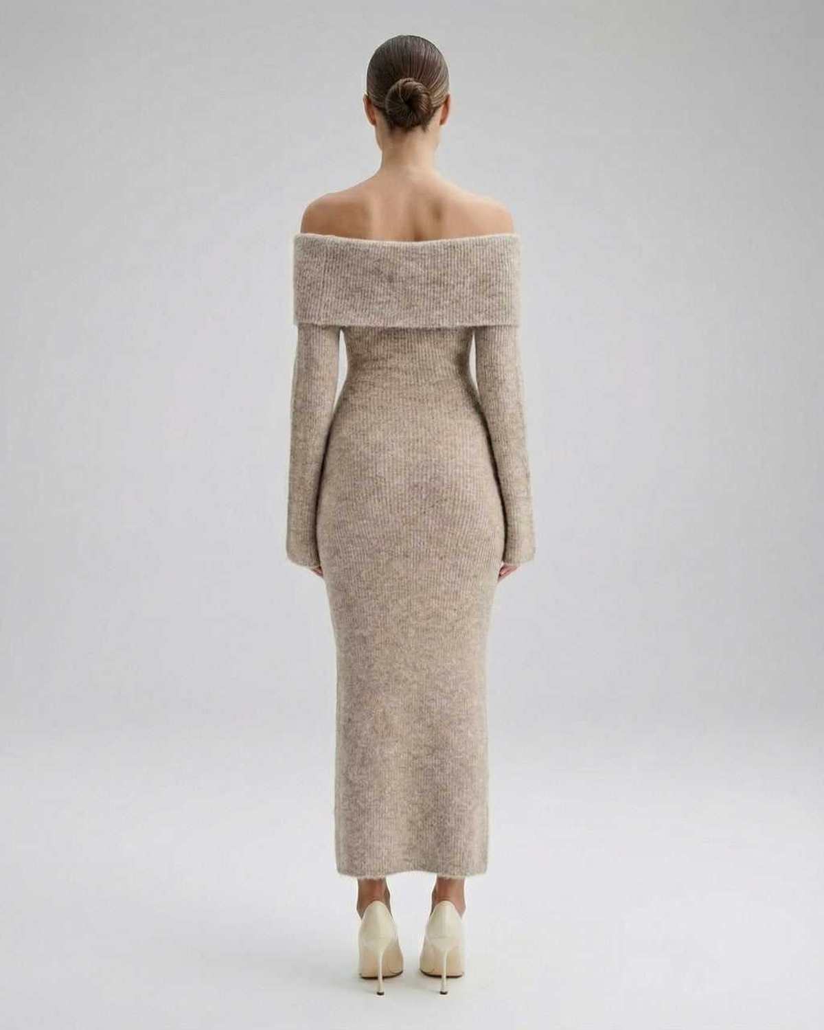 Sienna Midi Dress by Lauven – Off shoulder knit midi dress showcasing a sculpting silhouette and long sleeves from the back.