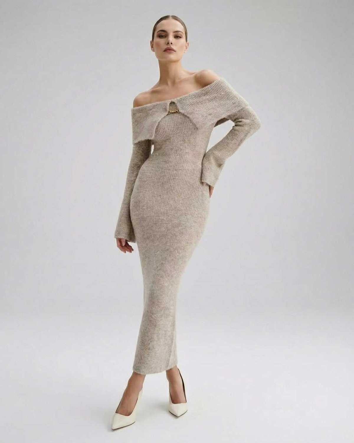 Sienna Midi Dress by Lauven - Women's off shoulder knit midi dress showcasing a sculpting silhouette and ribbed bodycon fit.