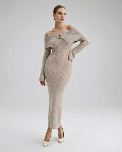 Sienna Midi Dress by Lauven – Women’s off shoulder knit dress with long sleeves and sculpting silhouette.
