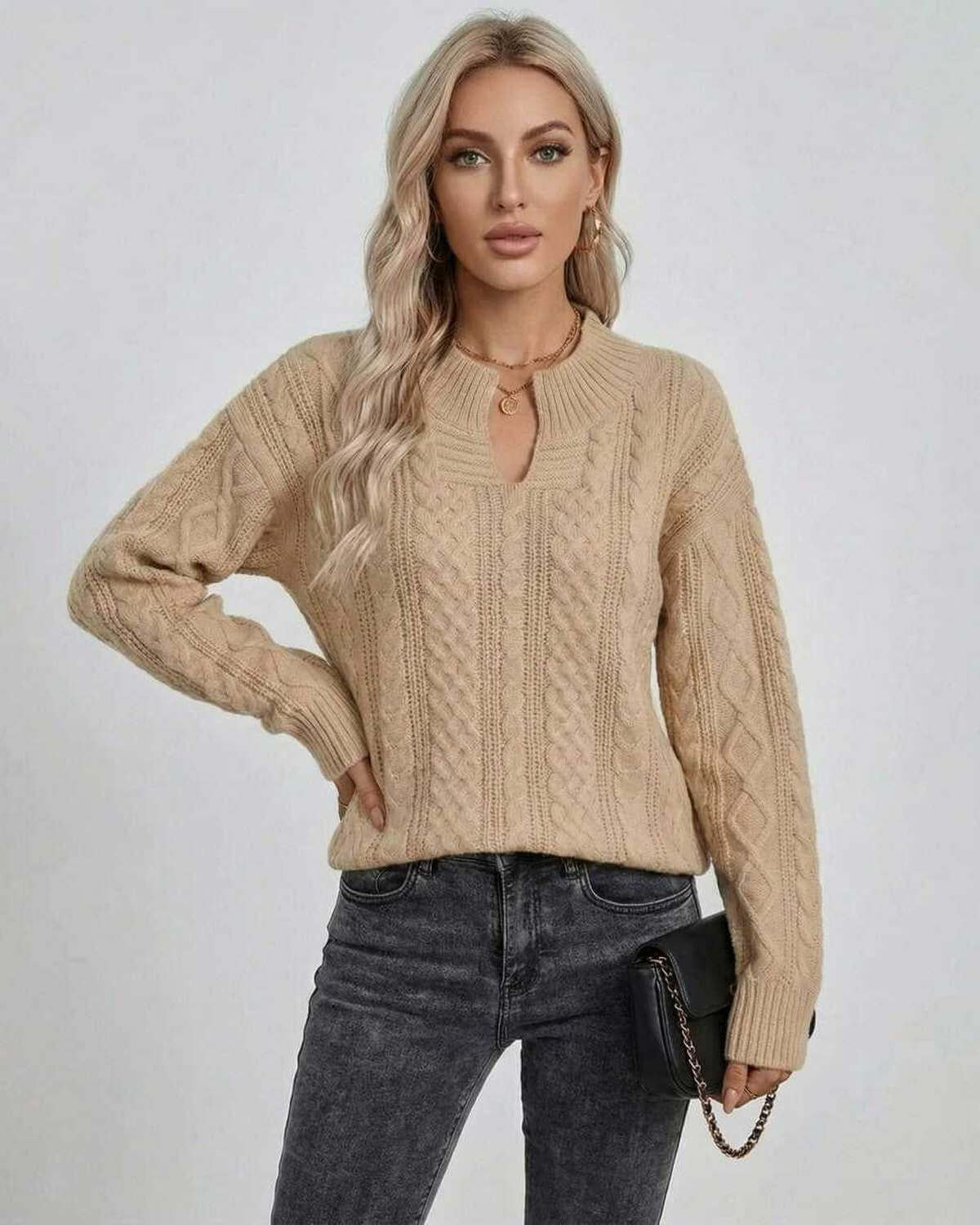 Sienna Sweater by Lauven – Women’s cable knit sweater in neutral shade for fall/winter styling.