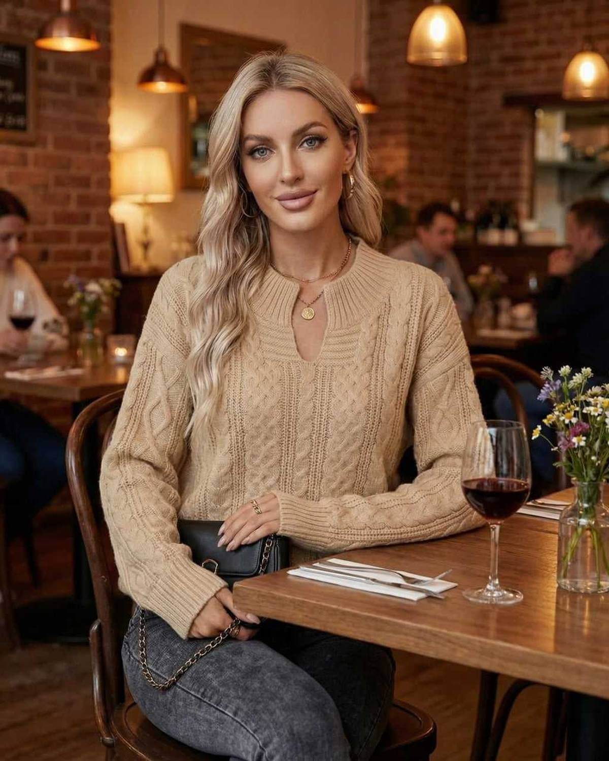 Sienna Sweater by Lauven – Women's cable knit sweater styled in a cozy restaurant setting.