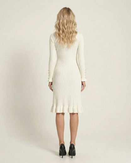 Sienna Midi Dress by Lauven - Elegant long sleeve bodycon dress with ruffle hem, showcasing a back view.