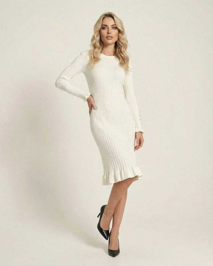 Sienna Midi Dress by Lauven - Elegant long sleeve bodycon midi dress with ruffle hem in creamy white.