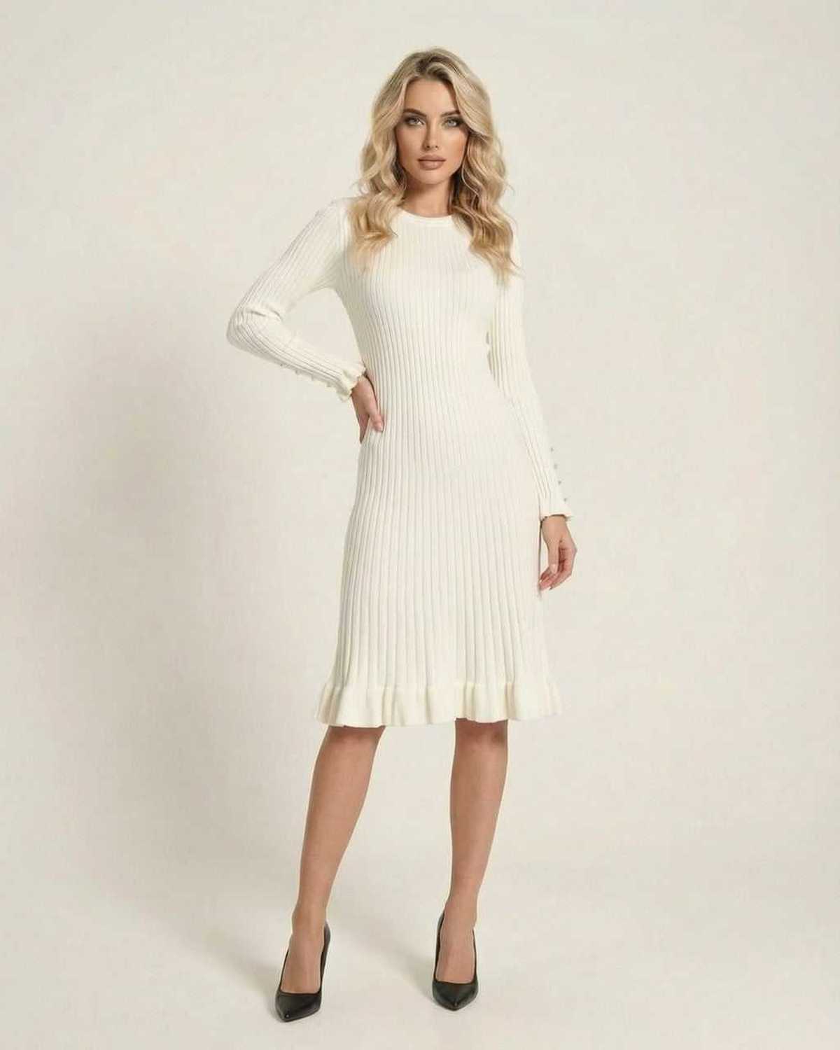 Sienna Midi Dress by Lauven - Elegant long sleeve bodycon ribbed dress with ruffle hem in white.