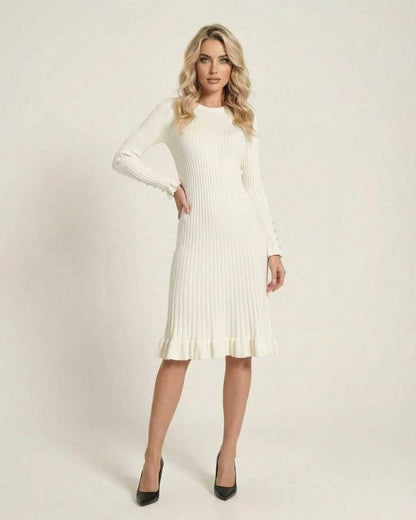 Sienna Midi Dress by Lauven - Elegant long sleeve bodycon ribbed dress with ruffle hem in white.