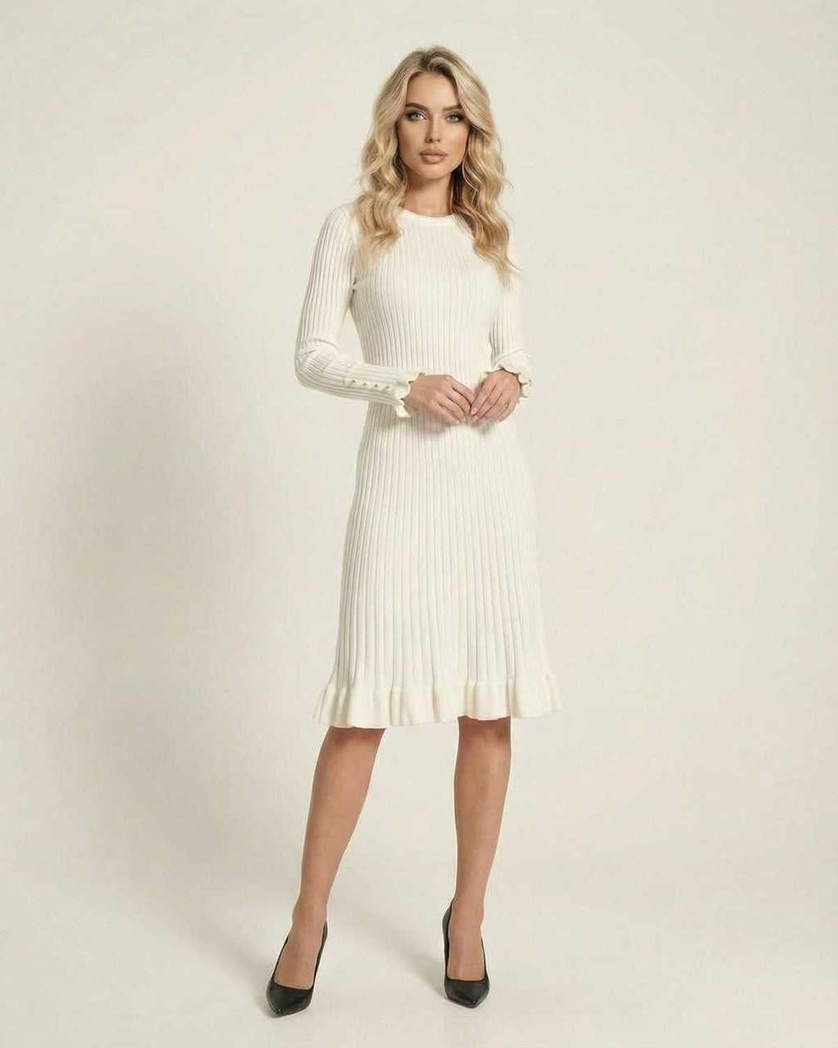 Sienna Midi Dress by Lauven - Elegant long sleeve bodycon midi dress with ruffle hem in premium ribbed viscose knit.