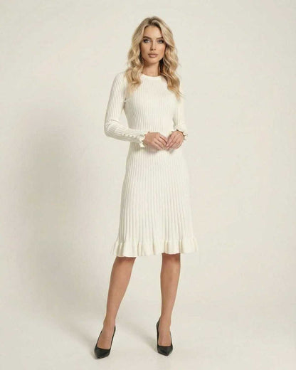 Sienna Midi Dress by Lauven - Elegant long sleeve bodycon midi dress with ruffle hem in premium ribbed viscose knit.