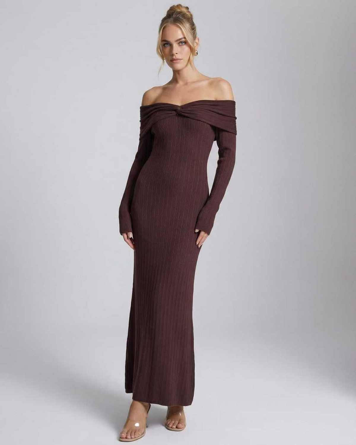 Sienna Maxi Dress from Lauven featuring off-the-shoulder long sleeves and ribbed knit in chocolate brown.