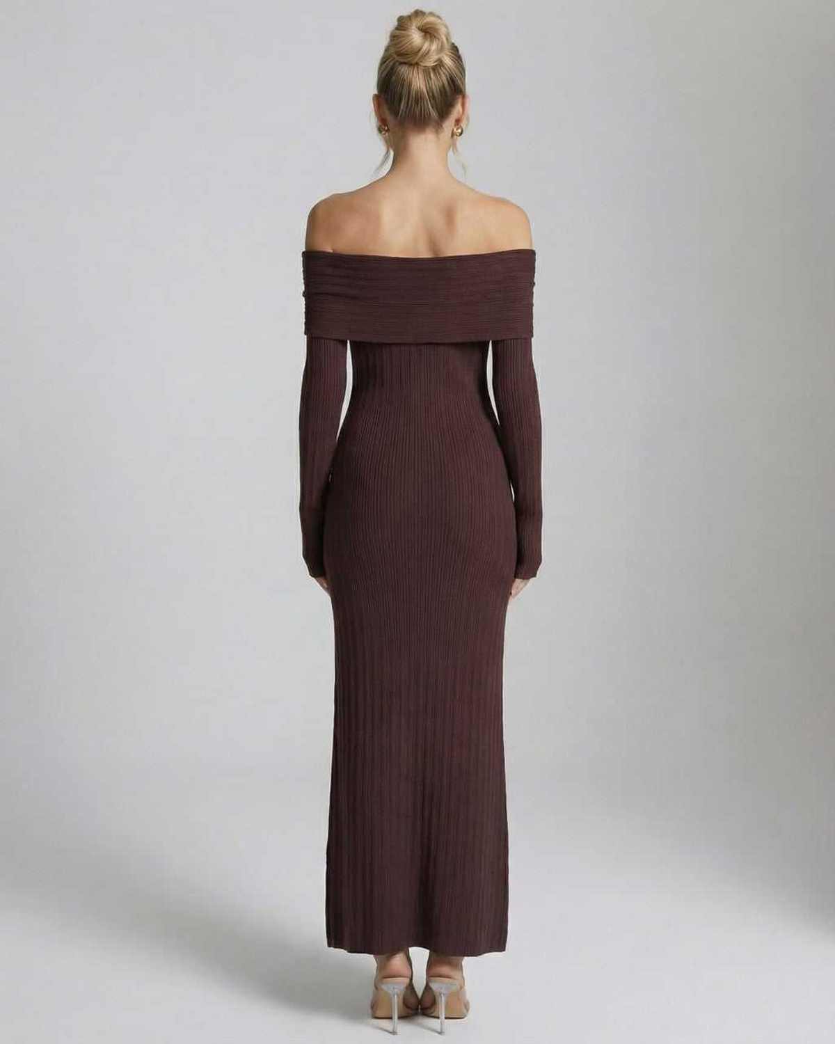 Sienna Maxi Dress by Lauven - Back view of off-the-shoulder long sleeve bodycon dress in chocolate brown.