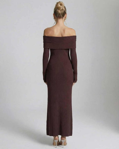 Sienna Maxi Dress by Lauven - Back view of off-the-shoulder long sleeve bodycon dress in chocolate brown.