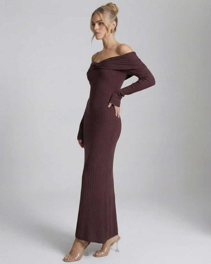 Sienna Maxi Dress by Lauven, off-the-shoulder long sleeve bodycon style in chocolate brown ribbed knit.