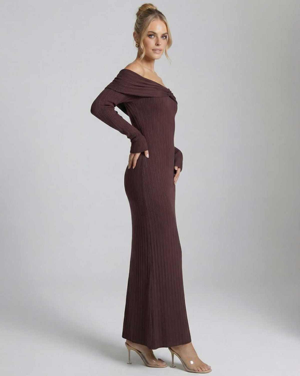 Sienna Maxi Dress by Lauven - Off-the-shoulder long sleeve bodycon maxi dress in rich chocolate brown.