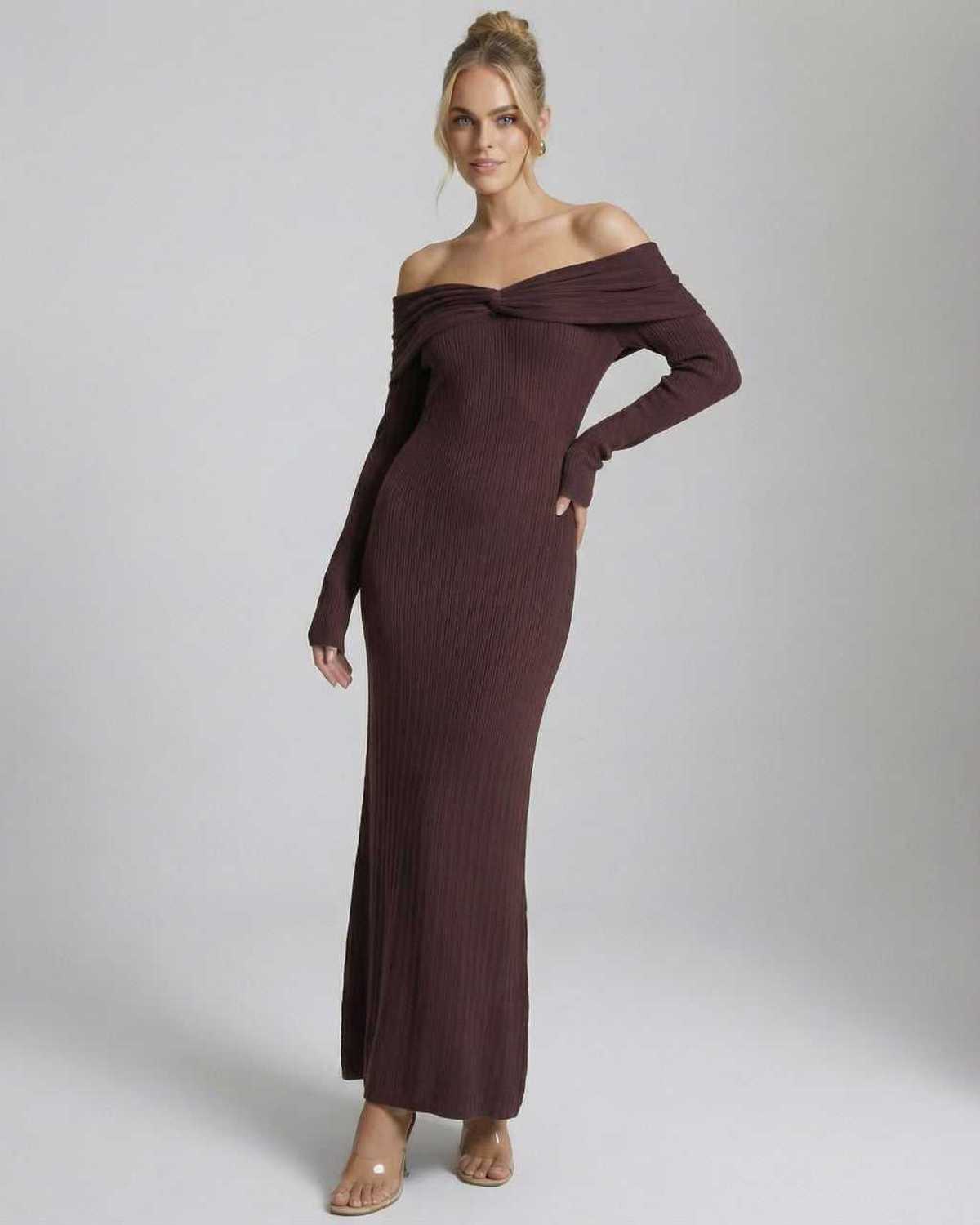 Sienna Maxi Dress by Lauven - Off-the-shoulder long sleeve bodycon in rich chocolate brown.
