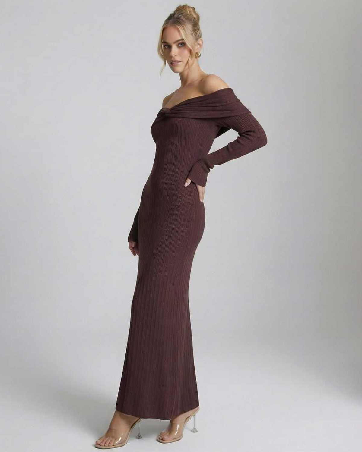 Sienna Maxi Dress by Lauven, off-the-shoulder long sleeve bodycon in chocolate brown.