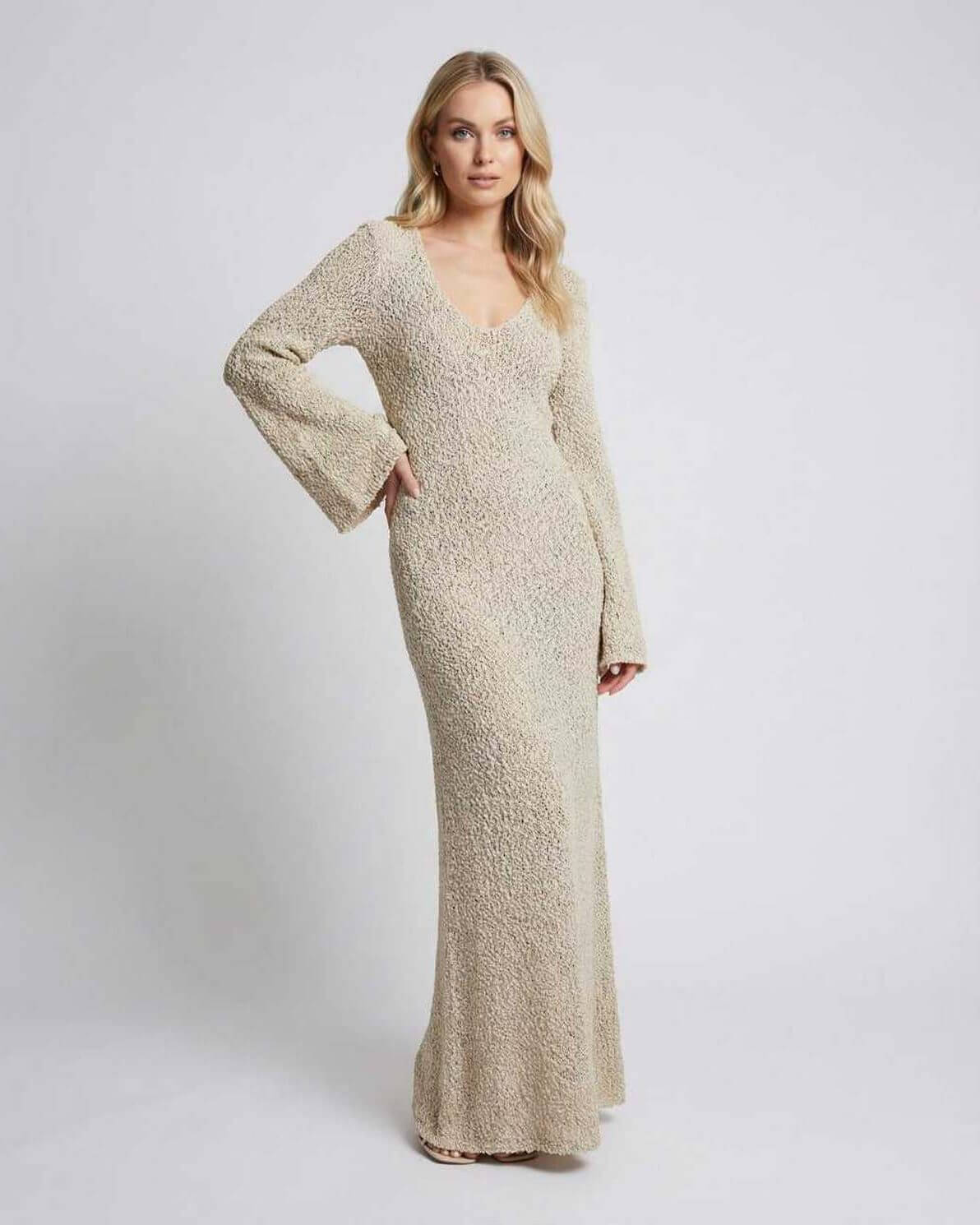 Sienna Maxi Dress by Lauven - Beige long sleeve maxi sweater dress with flare sleeves