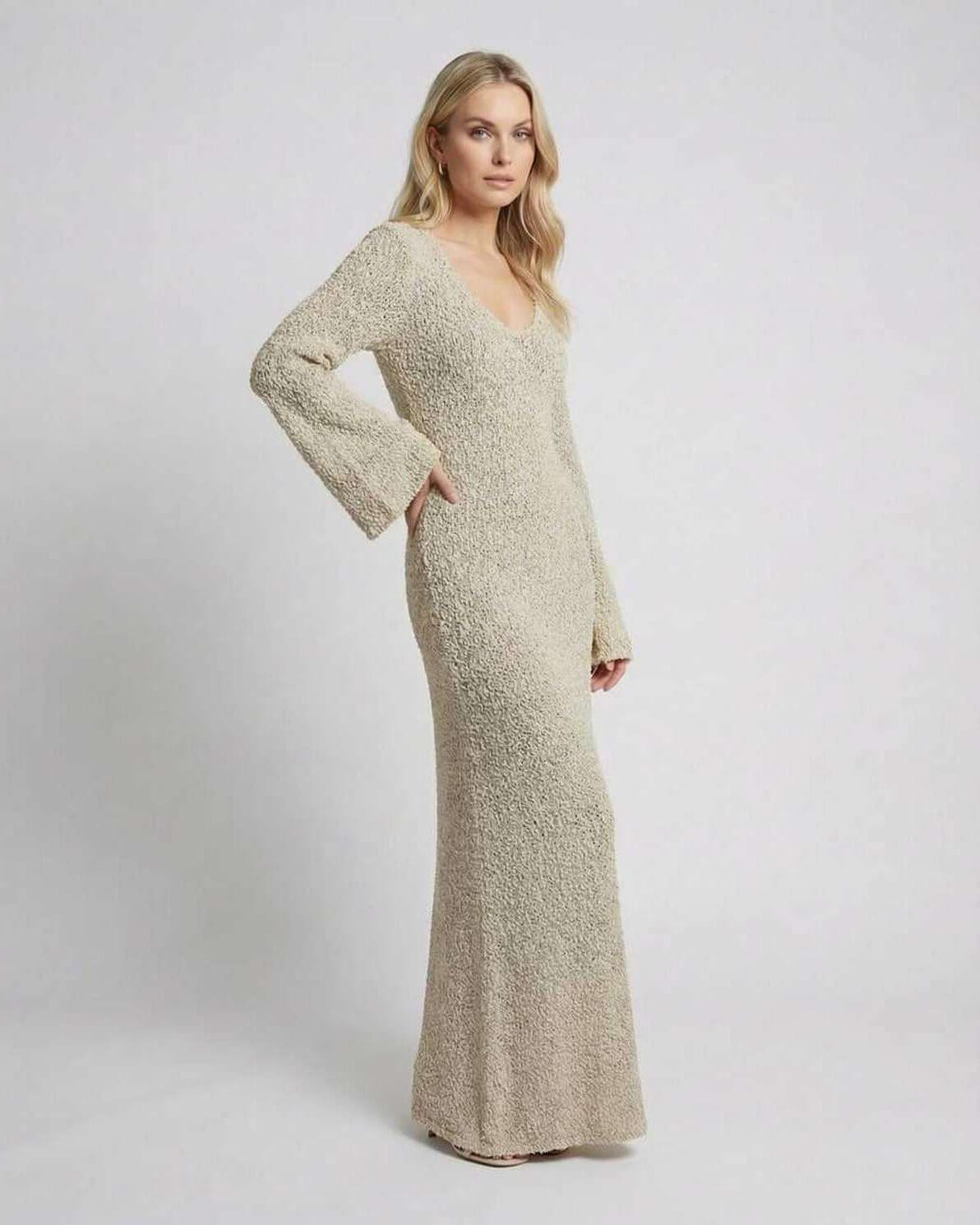 Sienna Maxi Dress by Lauven – Beige long flare sleeve sweater dress with bodycon silhouette.