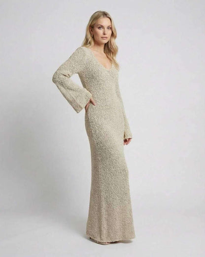 Sienna Maxi Dress by Lauven – Beige long flare sleeve sweater dress with bodycon silhouette.
