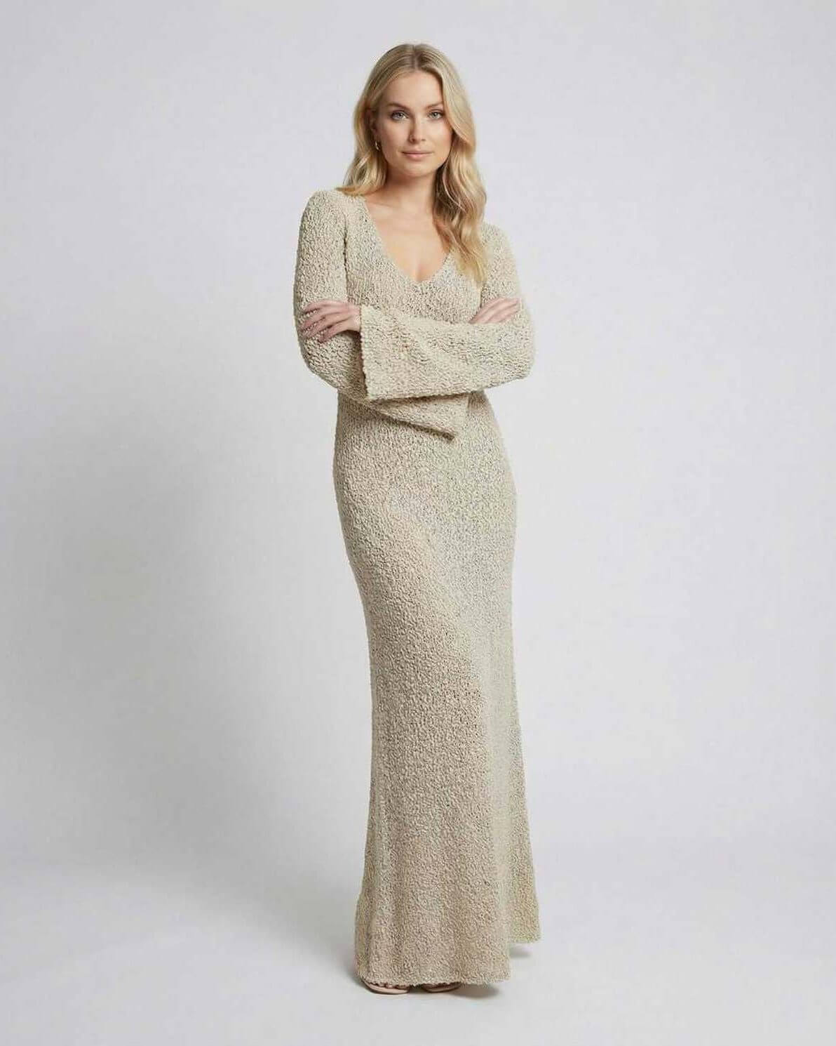 Sienna Maxi Dress - Lauven beige maxi sweater dress with long flare sleeves and bodycon silhouette.