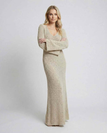 Sienna Maxi Dress - Lauven beige maxi sweater dress with long flare sleeves and bodycon silhouette.