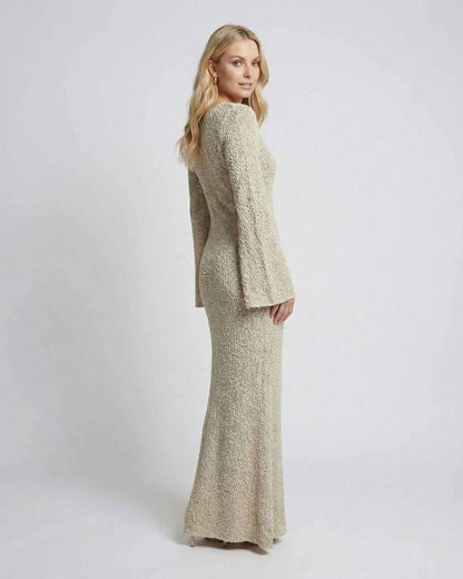 Sienna Maxi Dress by Lauven, showcasing a beige knit with long flare sleeves and bodycon silhouette.