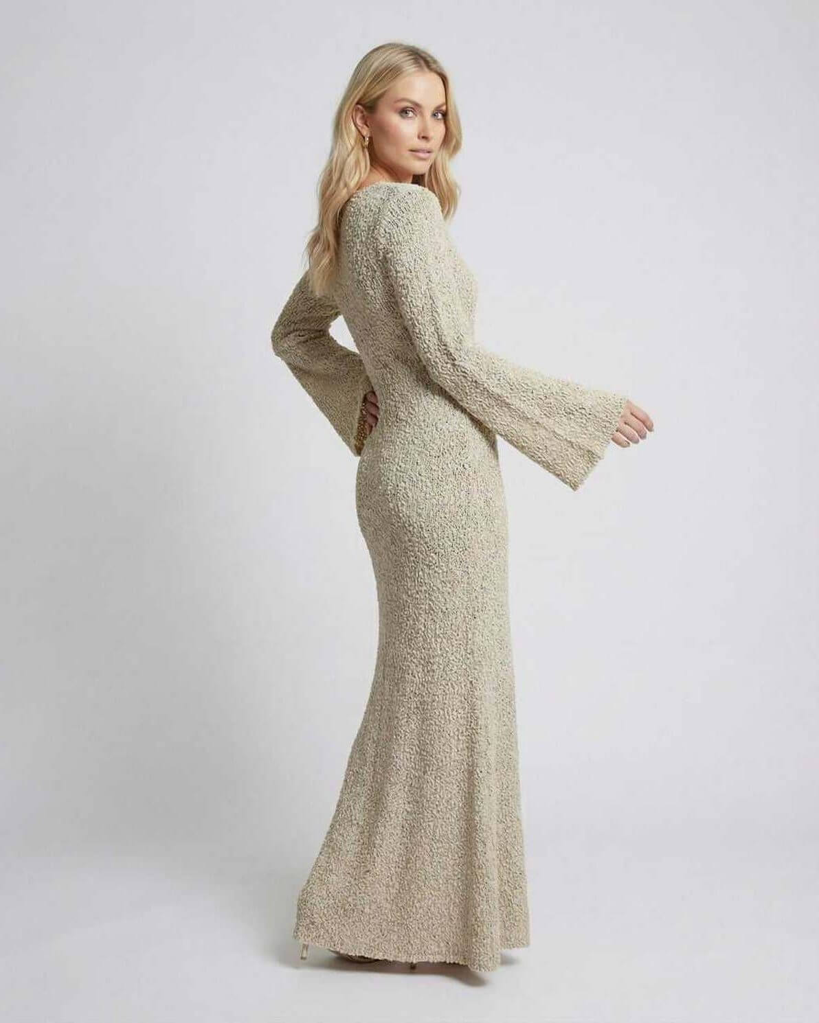 Sienna Maxi Dress by Lauven - Beige long sleeve maxi sweater dress with flare sleeves and bodycon silhouette.