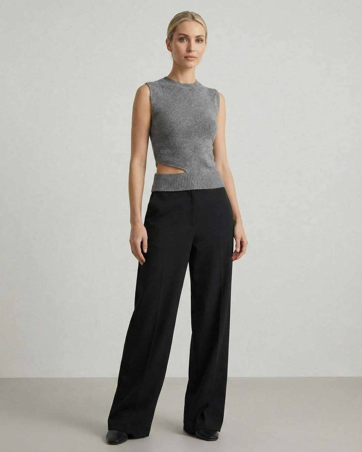 Monaco Top by Lauven, women's sleeveless knit top with side cutout design, ideal for casual elegant dressing.