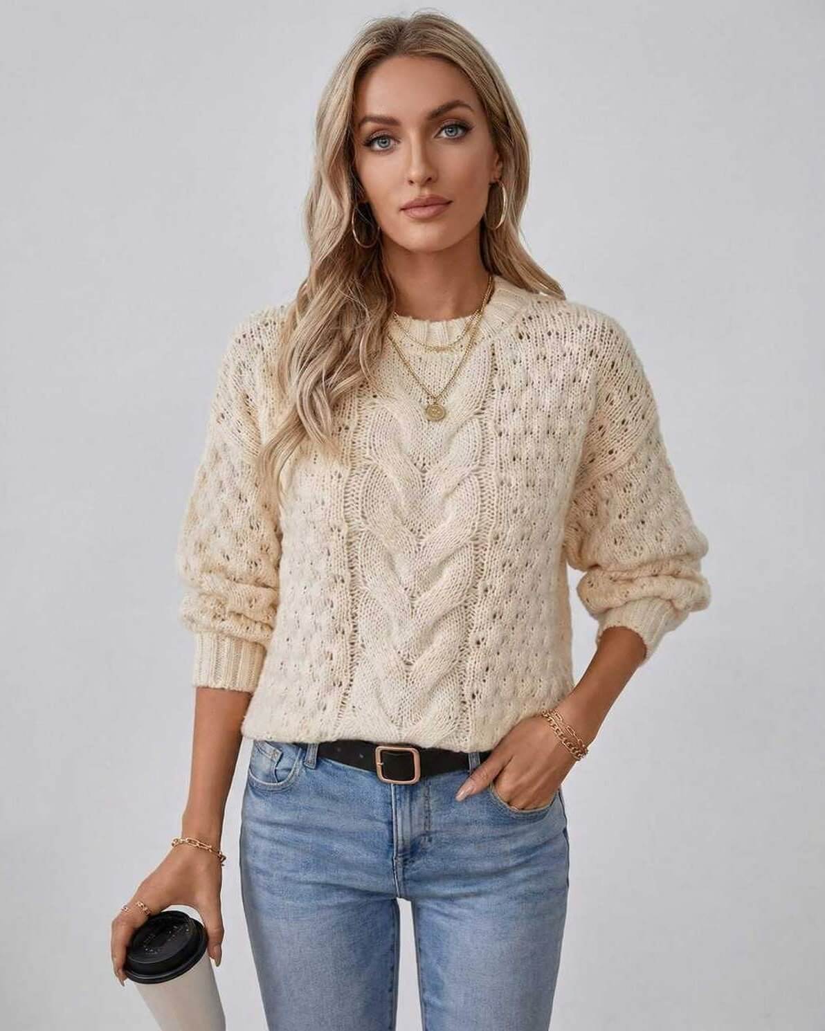 Arden Sweater by Lauven – Women’s cream cable knit long sleeve pullover.