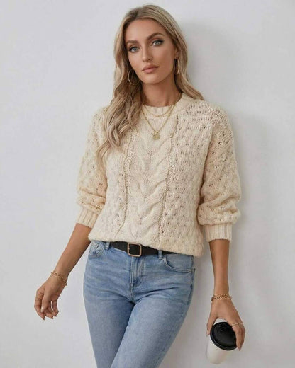 Arden Sweater – Women’s Cream Cable Knit Sweater by Lauven, featuring O-neck and long sleeves.