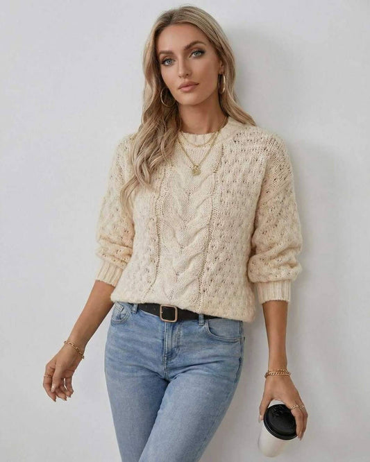 Arden Sweater – Women’s Cream Cable Knit Sweater by Lauven, featuring O-neck and long sleeves.