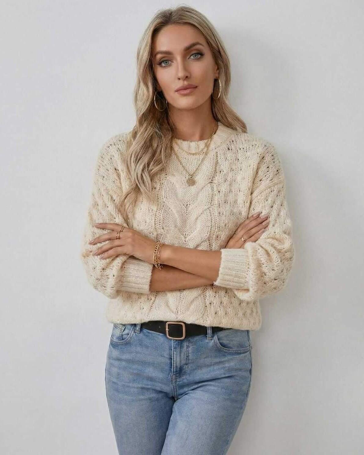 Arden Sweater by Lauven – Cream cable knit women’s pullover, O-neck long sleeve style, perfect for Autumn/Winter.