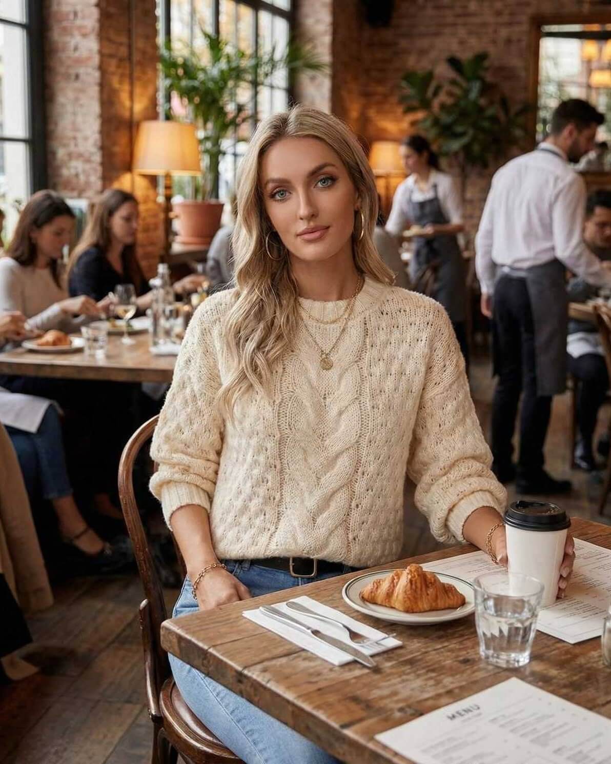 Arden Sweater by Lauven - Women’s cream cable knit O-neck pullover in a cozy café setting.