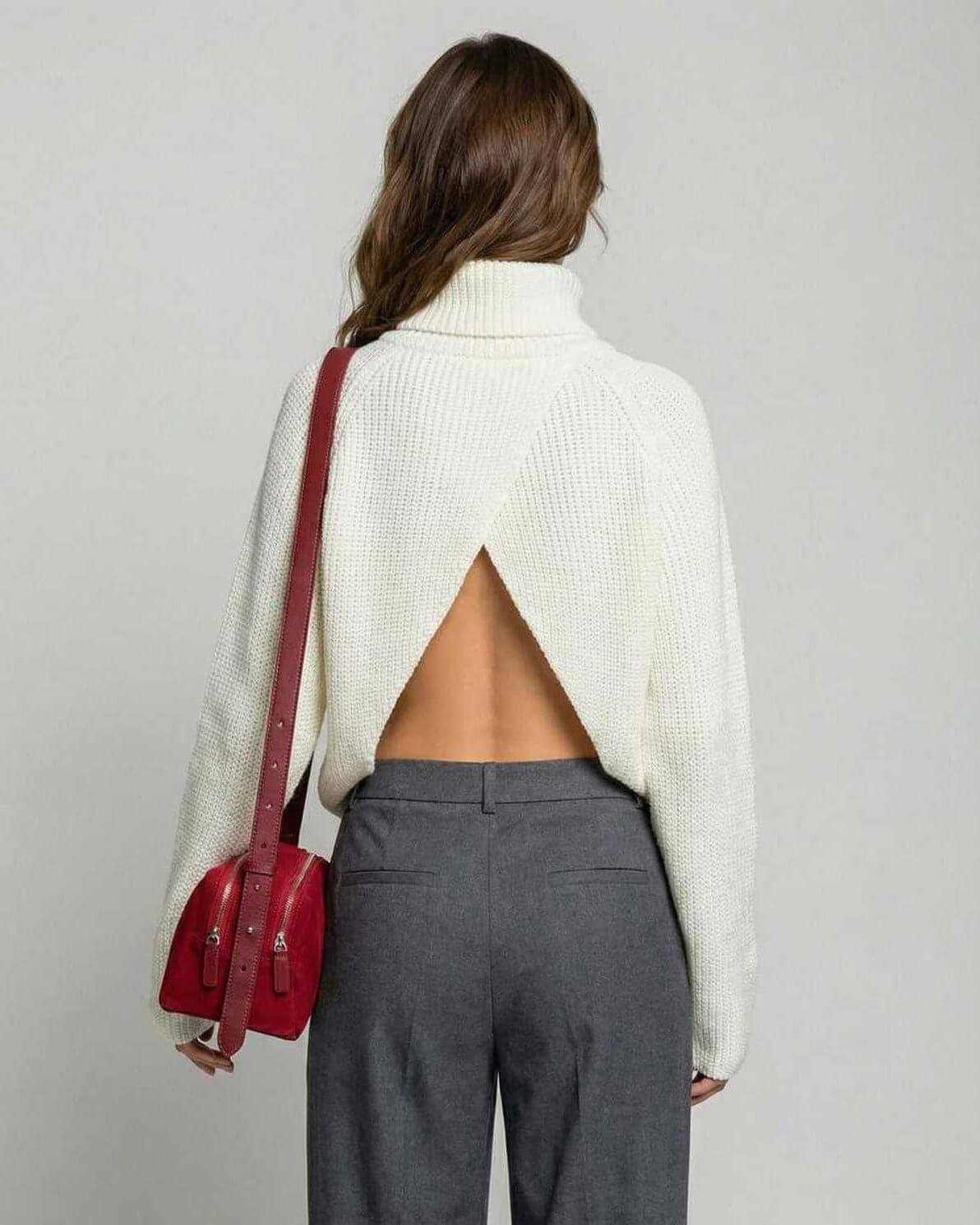 Aspen Sweater by Lauven – Women's cream turtleneck sweater with open back detail and loose fit.