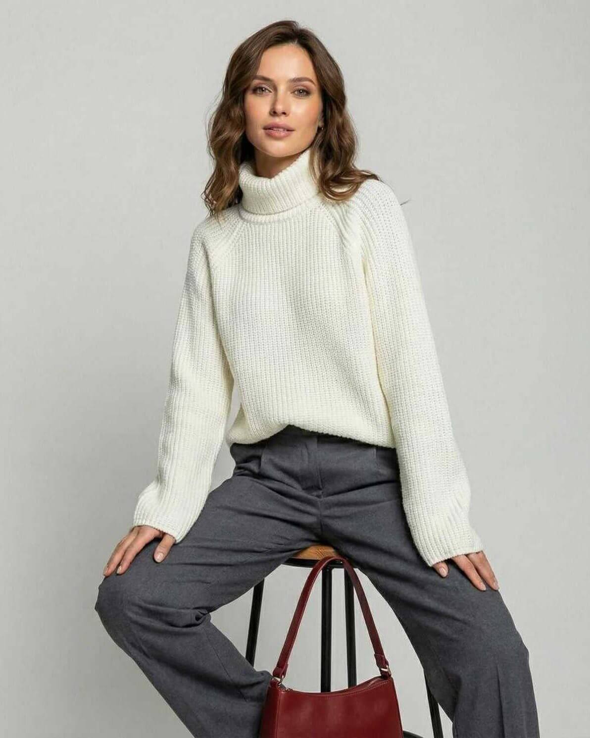 Aspen Sweater by Lauven, women's cream turtleneck sweater in loose fit with long sleeves.