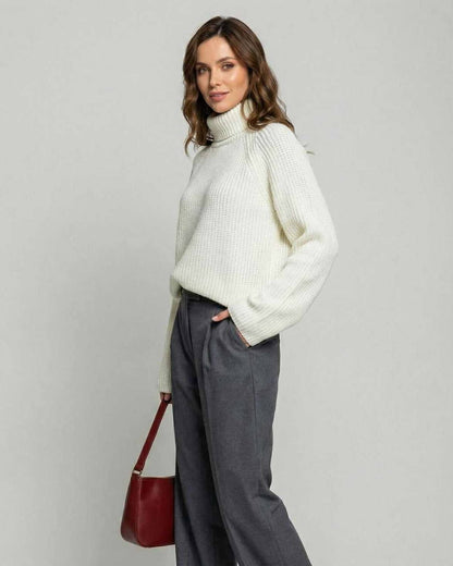 Aspen Sweater by Lauven – Women's cream turtleneck sweater with loose fit, ideal for cold-weather layering.