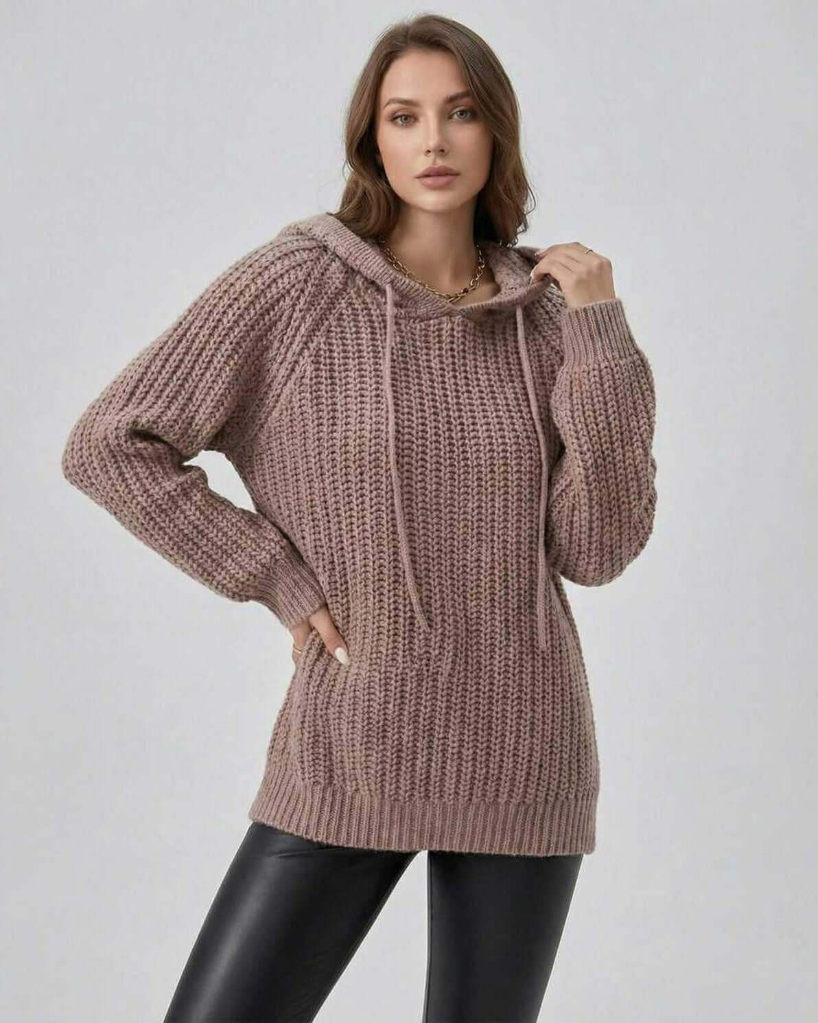 Sienna Sweater by Lauven, women's hooded knit sweater in a chunky texture with an oversized fit.