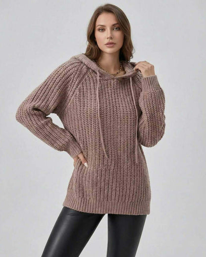 Sienna Sweater by Lauven, women's hooded knit sweater in a chunky texture with an oversized fit.