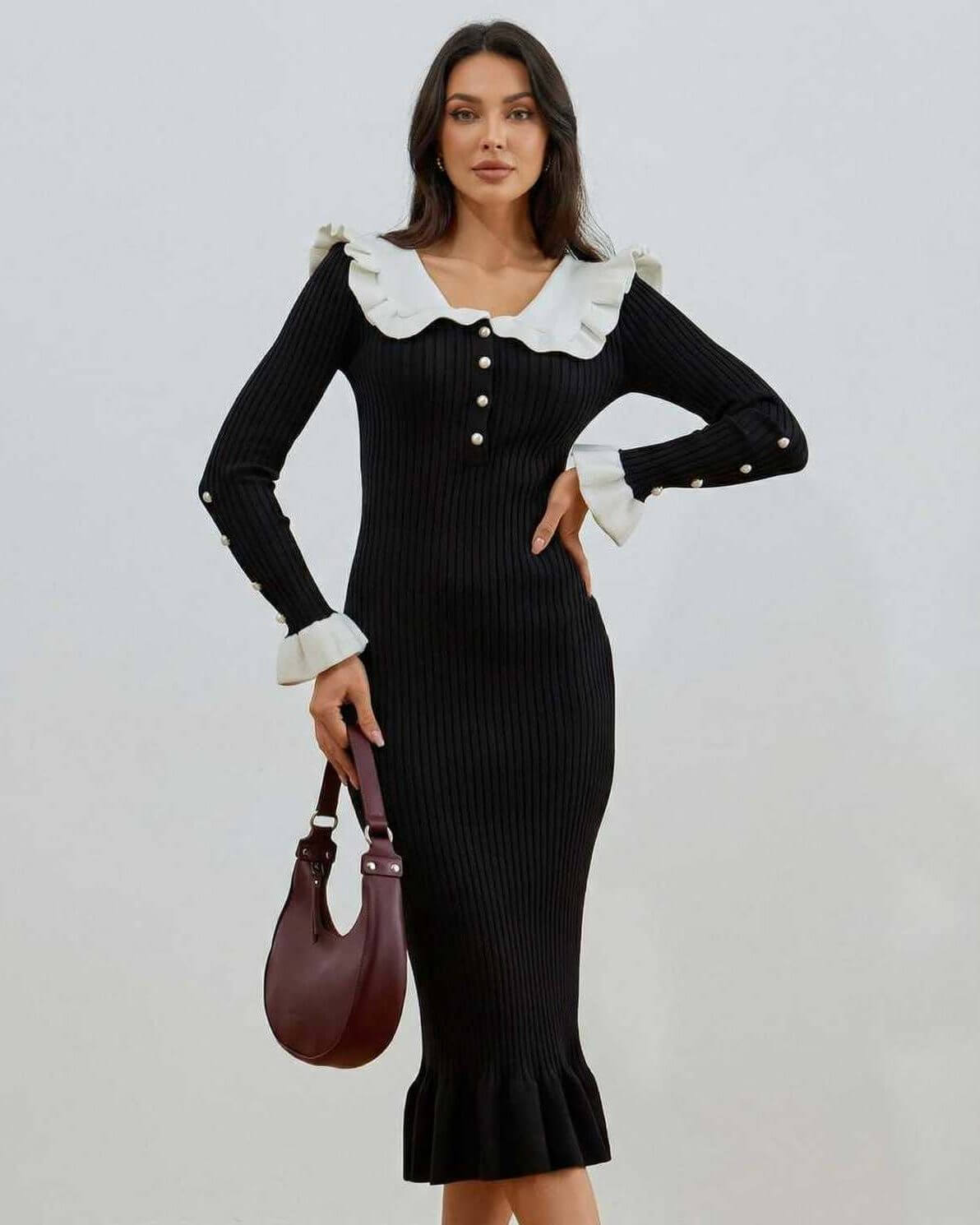 Valencia Midi Dress by Lauven - Black and White Ruffled Collar Long Sleeve Dress