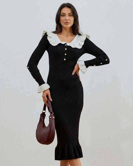 Valencia Midi Dress by Lauven - Black and White Ruffled Collar Long Sleeve Dress