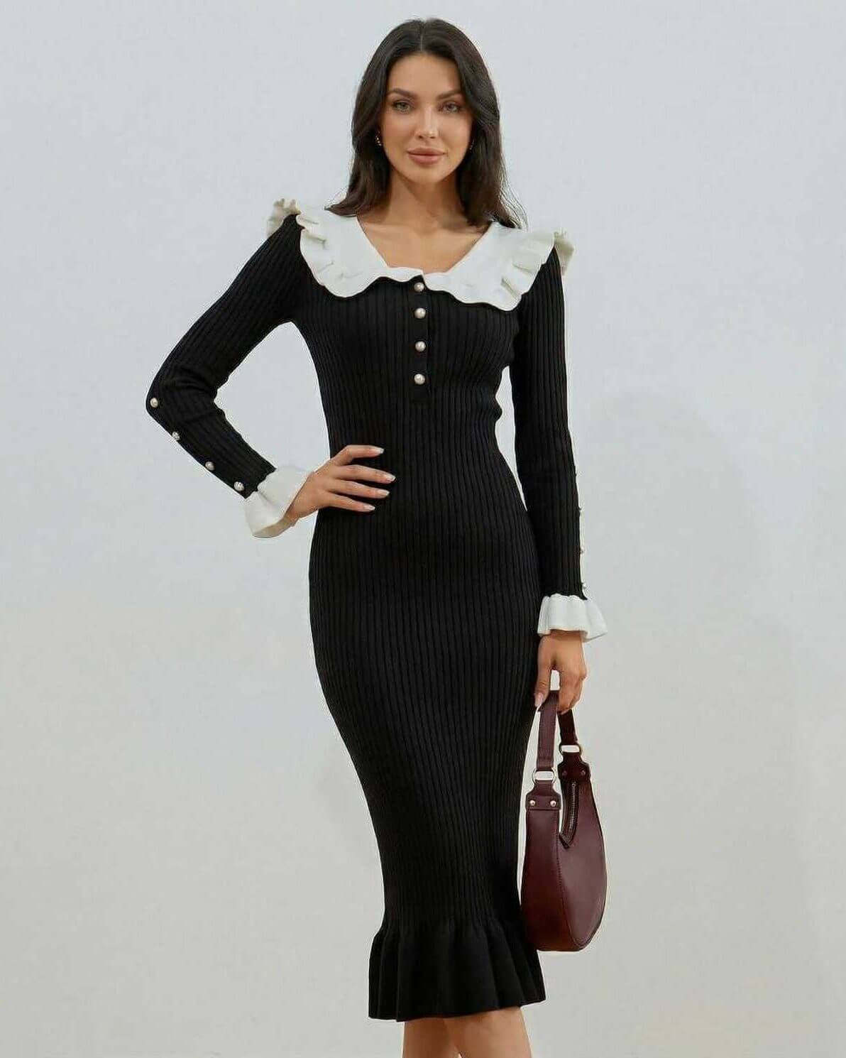 Valencia Midi Dress by Lauven - Black and White Ruffled Collar Long Sleeve Midi Dress showcasing elegance.