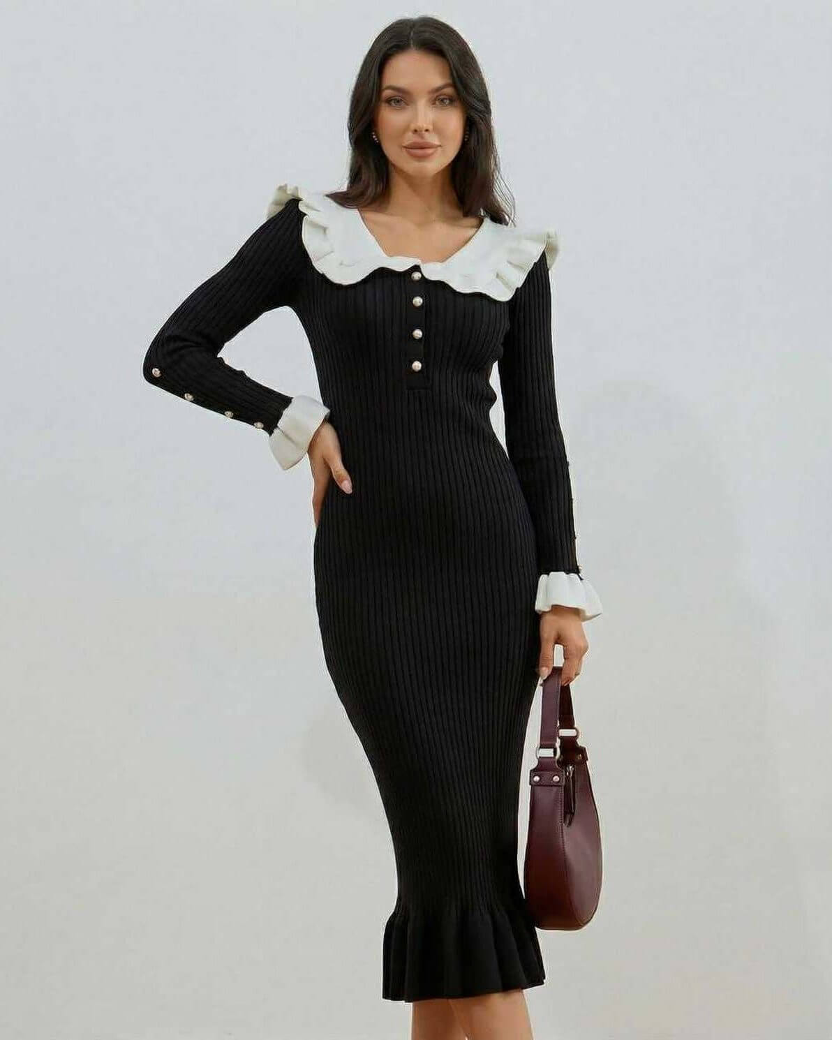 Valencia Midi Dress by Lauven featuring a black and white ruffled collar, long sleeves, and a flattering silhouette.