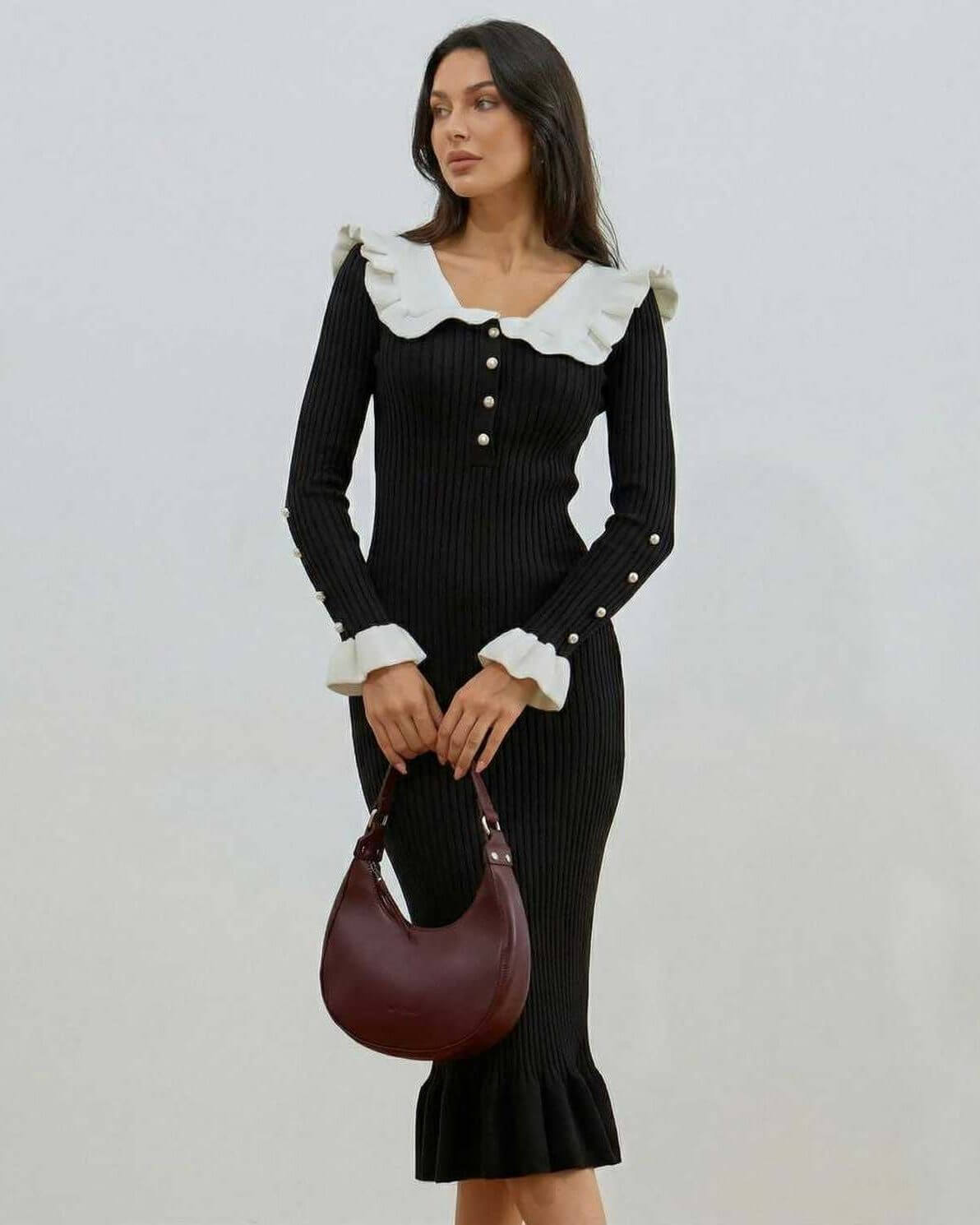 Valencia Midi Dress by Lauven – Black and White Ruffled Collar Long Sleeve Midi Dress featuring a high waist silhouette.