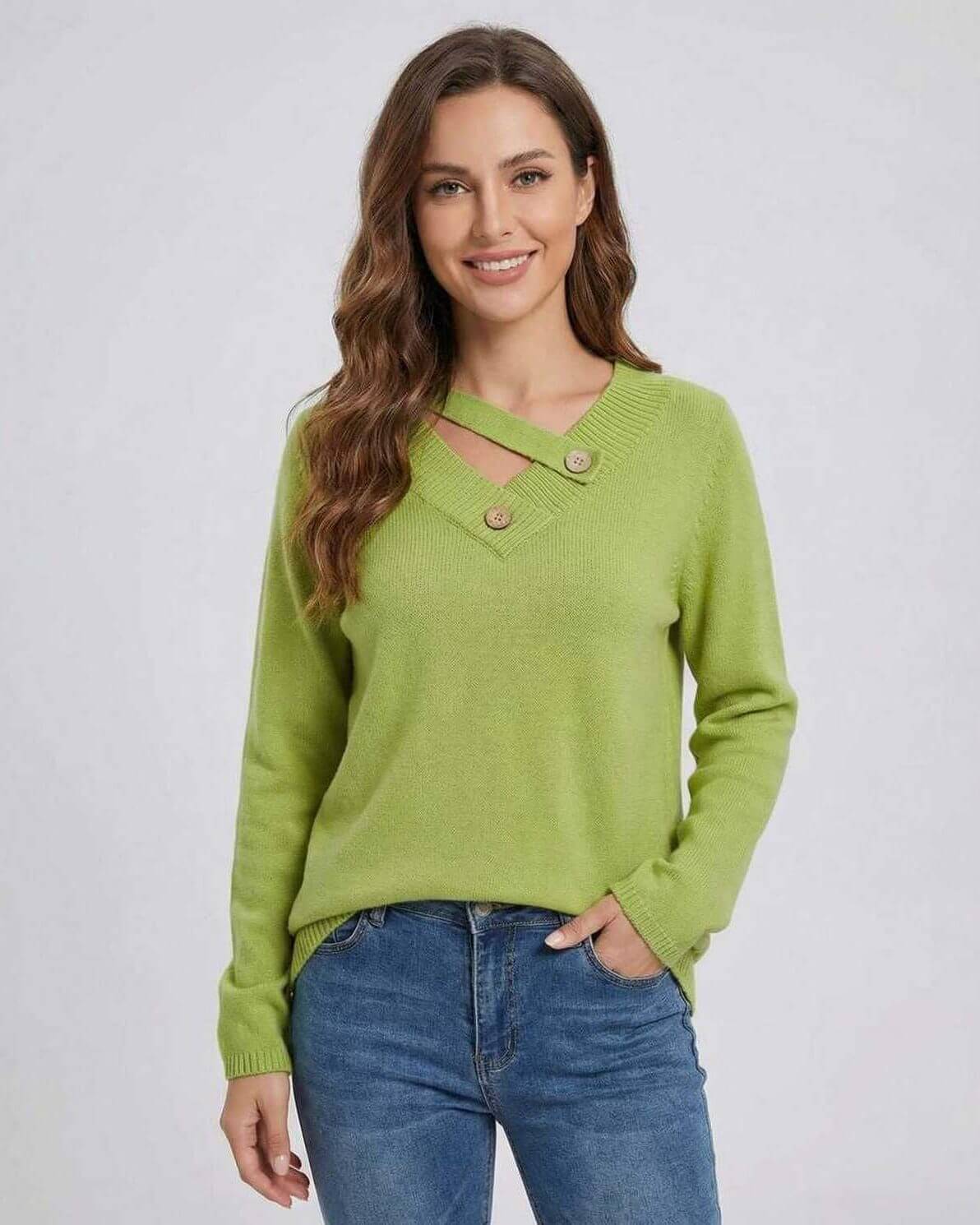 Verona Sweater by Lauven - Women's green V neck sweater with button detail, perfect for fall and winter.