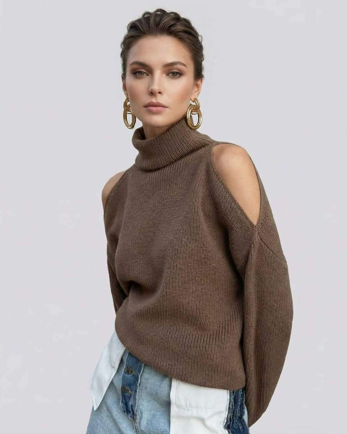 Sahara Sweater by Lauven – Women’s turtleneck with cutout shoulders, stylish and comfortable.