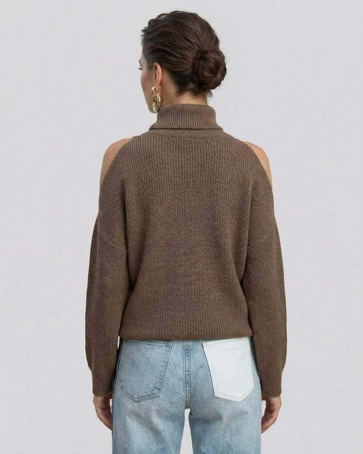Back view of Sahara Sweater by Lauven, a women's turtleneck sweater with cutout shoulders in brown.