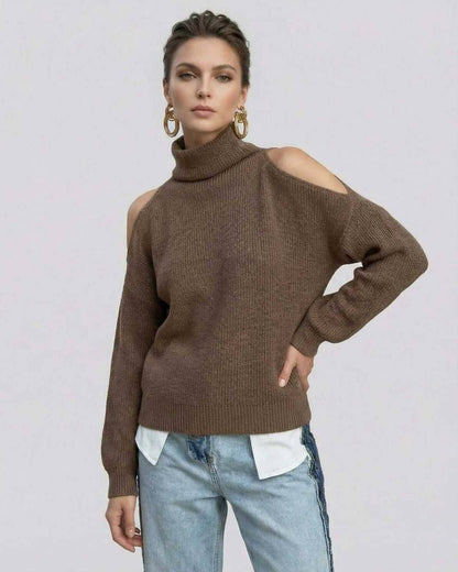 Sahara Sweater by Lauven - Women's turtleneck sweater with cutout shoulders in brown.